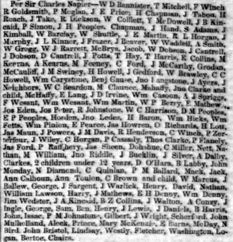Passengers by the Sir Charles Napier, May 21, 1852. DAC 22March1852